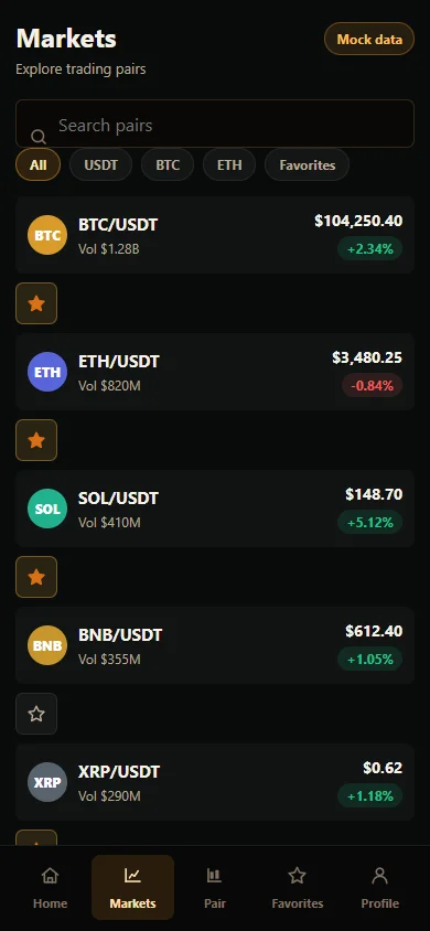 DireBit markets screen with searchable list of crypto trading pairs